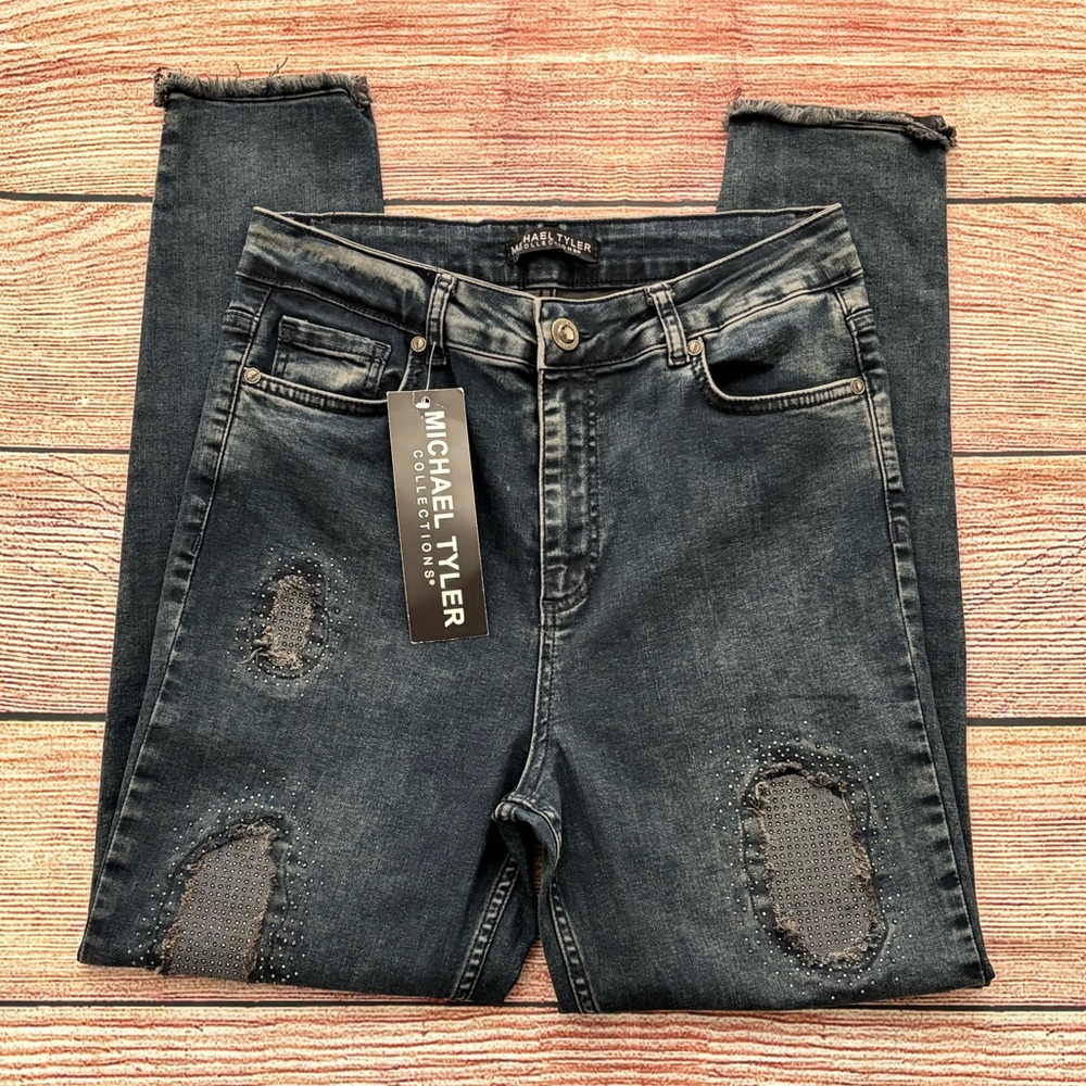 NWT!⭐️ Michael Tyler • Distressed Jeans with Rhinestone Accents- Women’s Size 12